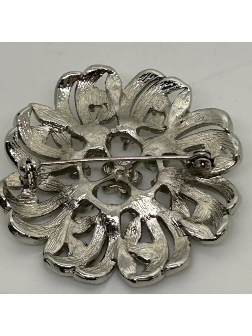 Vintage Aurora Borealis Brooch Rhinestone Silver-tone Pin Floral Starburst